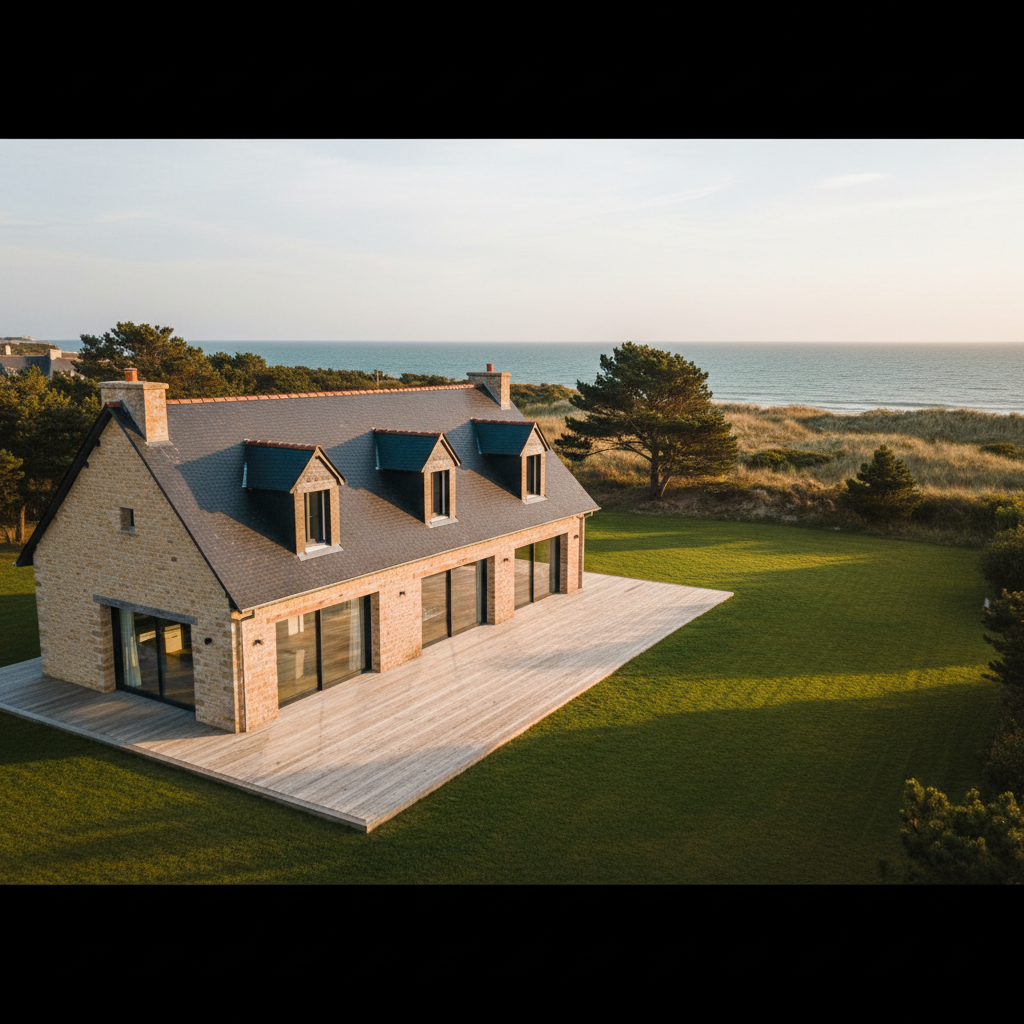 An elegant detached house on the Loire-Atlantique coast, with a pale sand-colored façade, slate roof, and large glass sliding doors opening onto a wooden terrace. In the background, the ocean is softly blurred beyond low dunes and maritime pines. The golden hour sun bathes the exterior in warm light, enhancing textures of stone, wood, and glass, with long serene shadows stretching across a manicured lawn. Photographic realism from a slightly elevated angle emphasizes the architecture and generous outdoor space. The mood is aspirational yet grounded, suggesting successful coastal real estate transactions handled with professionalism and local expertise.