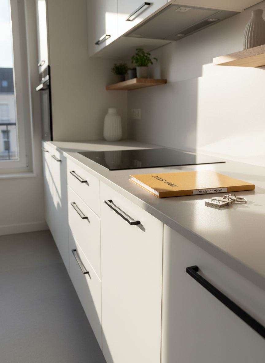 A clean, sunlit kitchen in a recently renovated Nantes apartment, featuring matte white cabinetry with black handles, a light gray quartz countertop, and an integrated induction cooktop. On the counter rests a single, neatly placed folder labeled “Dossier de vente” beside a set of shiny new keys on a brushed metal keyring shaped like a small house. Morning light streams through a nearby window, creating crisp highlights on the keys and soft shadows along the cabinetry. Photographic realism with a three-quarter angle shot, moderate depth of field, and a balanced, airy composition conveys the moment just before a sale is finalized, suggesting efficiency, trust, and a well-managed transaction.