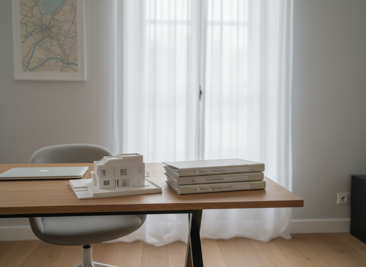 A minimalist home office corner in a Nantes townhouse, featuring a solid oak desk with a matte finish, a closed laptop, an organized stack of property folders, and a small architectural model of a house in white matte plastic. The desk faces a tall window with sheer curtains, letting in diffused overcast daylight that softly illuminates the workspace without harsh contrasts. On the wall, a discreet framed map of Loire-Atlantique adds local context. Captured in photographic realism with a shallow depth of field, the focus rests on the model and folders, evoking methodical preparation, careful valuation, and a calm, efficient selling process.