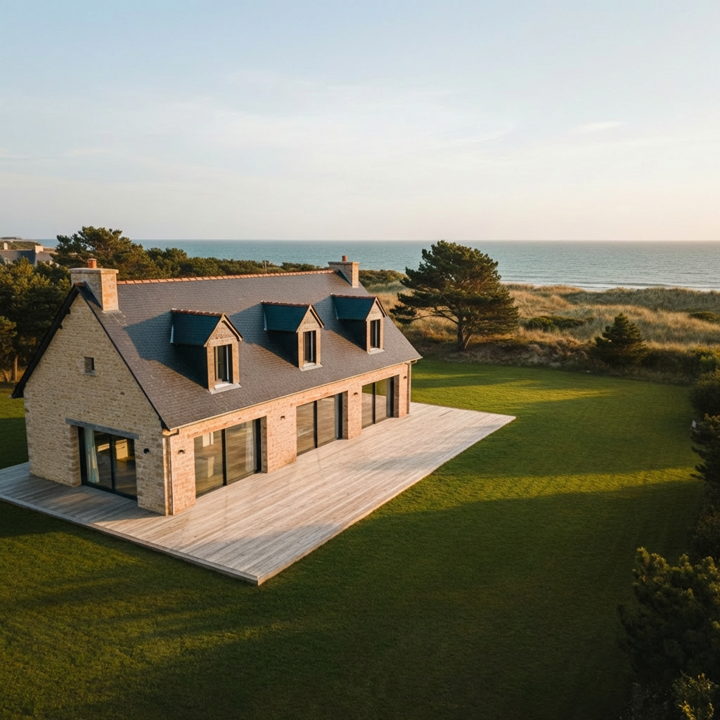 Immobilier An elegant detached house on the Loire-Atlantique coast, with a pale sand-colored façade, slate roof, and large glass sliding doors opening onto a wooden terrace. In the background, the ocean is softly blurred beyond low dunes and maritime pines. The golden hour sun bathes the exterior in warm light, enhancing textures of stone, wood, and glass, with long serene shadows stretching across a manicured lawn. Photographic realism from a slightly elevated angle emphasizes the architecture and generous outdoor space. The mood is aspirational yet grounded, suggesting successful coastal real estate transactions handled with professionalism and local expertise.